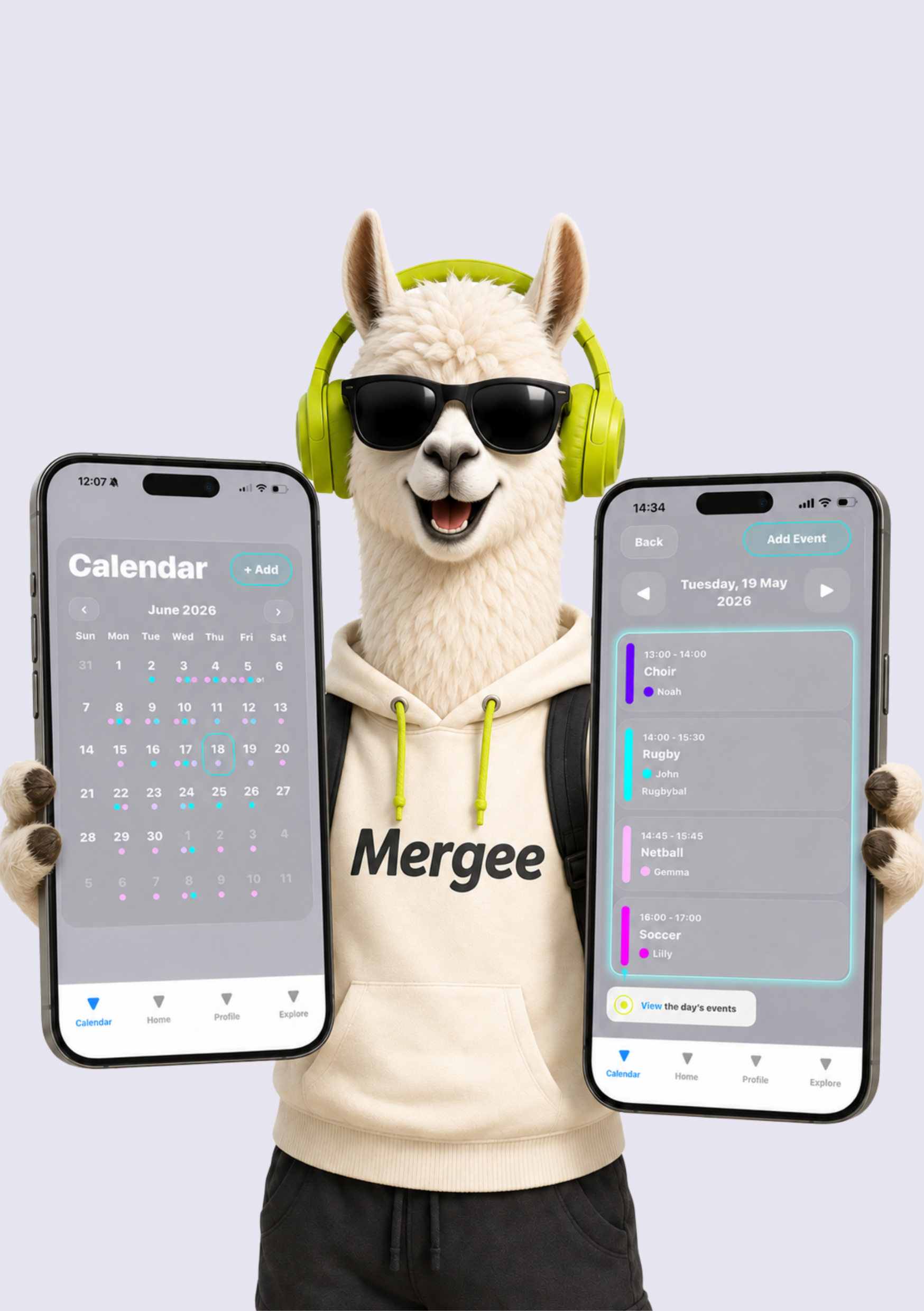 Mergee llama holding two phones with the app screens visible