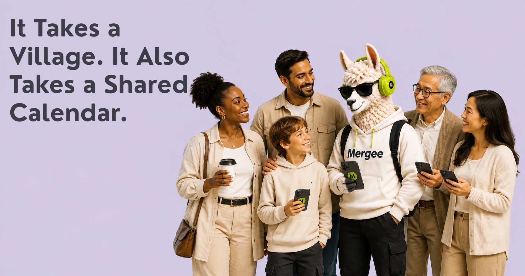 A diverse modern family support team with the Mergee llama