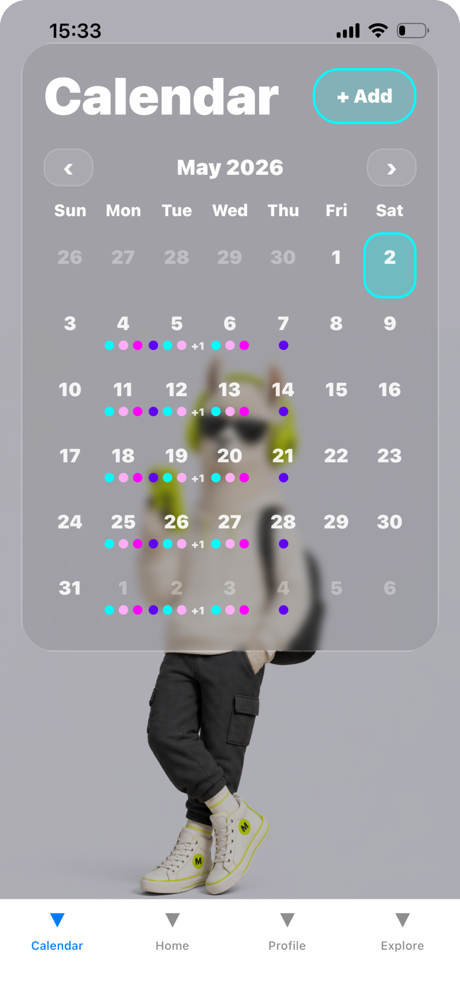 Mergee calendar screen showing colour dots and family events