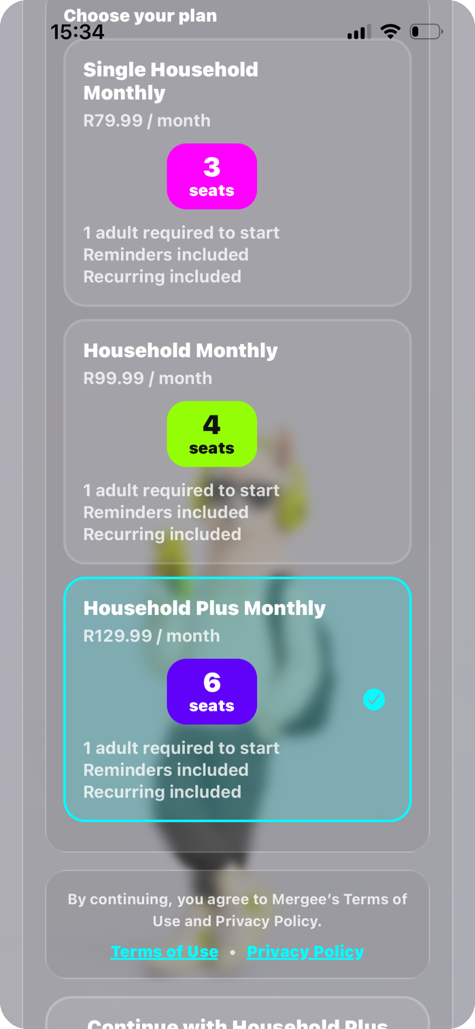 Mergee Premium screen showing available household plans