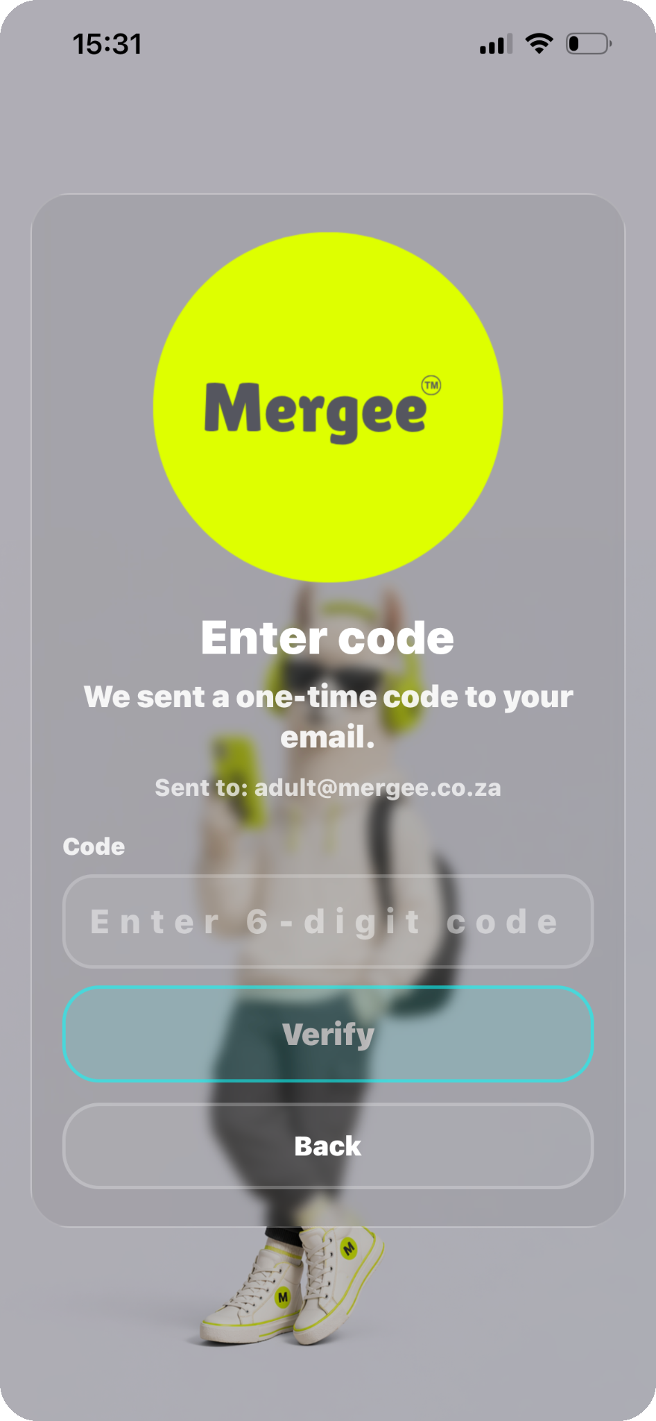 Mergee OTP screen showing where to enter a one-time code