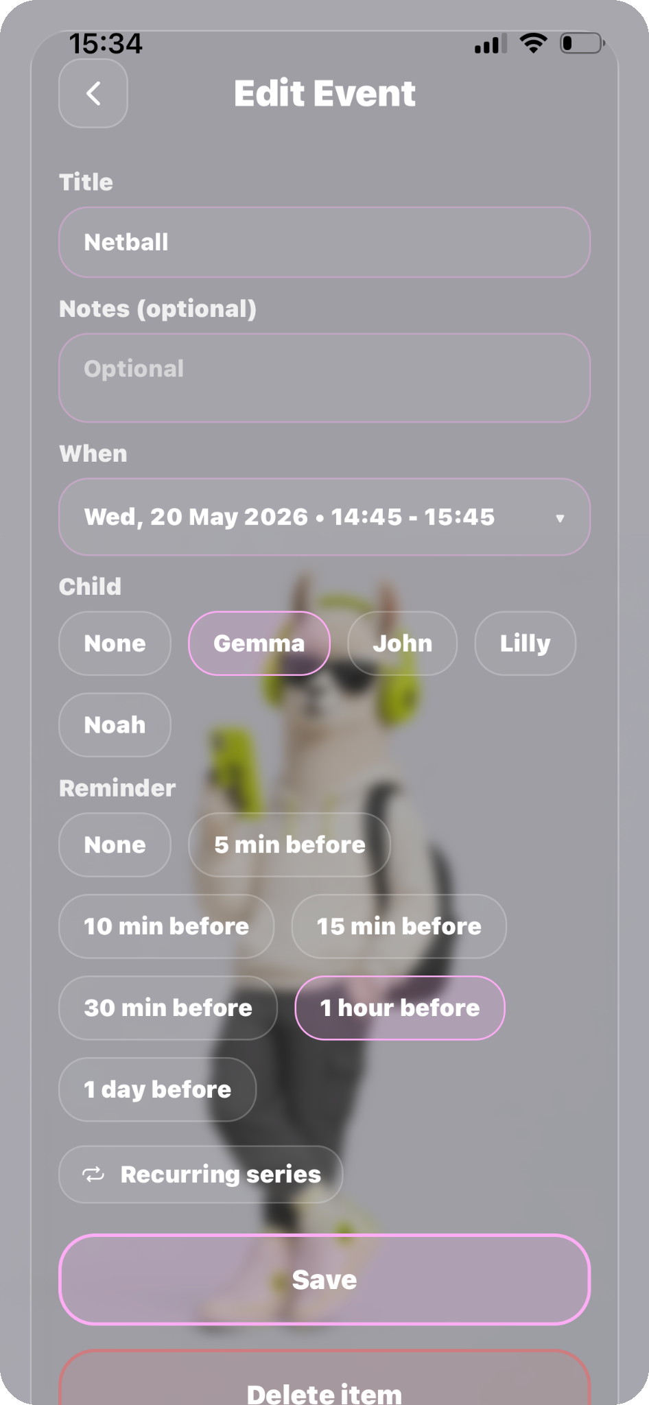 Mergee event screen showing reminder and recurring series options